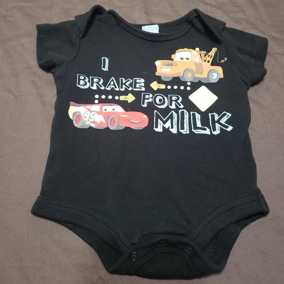 Disney Cars Diaper Shirt Lighting McQueen Mater I Brake For Milk Size 0-3 Months - Picture 1 of 5